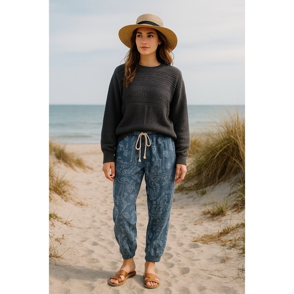 Cato Pants - Cato Jogger Pants Womens‎ 12 Blue Bandana Floral Boho Lounge Elastic Festival